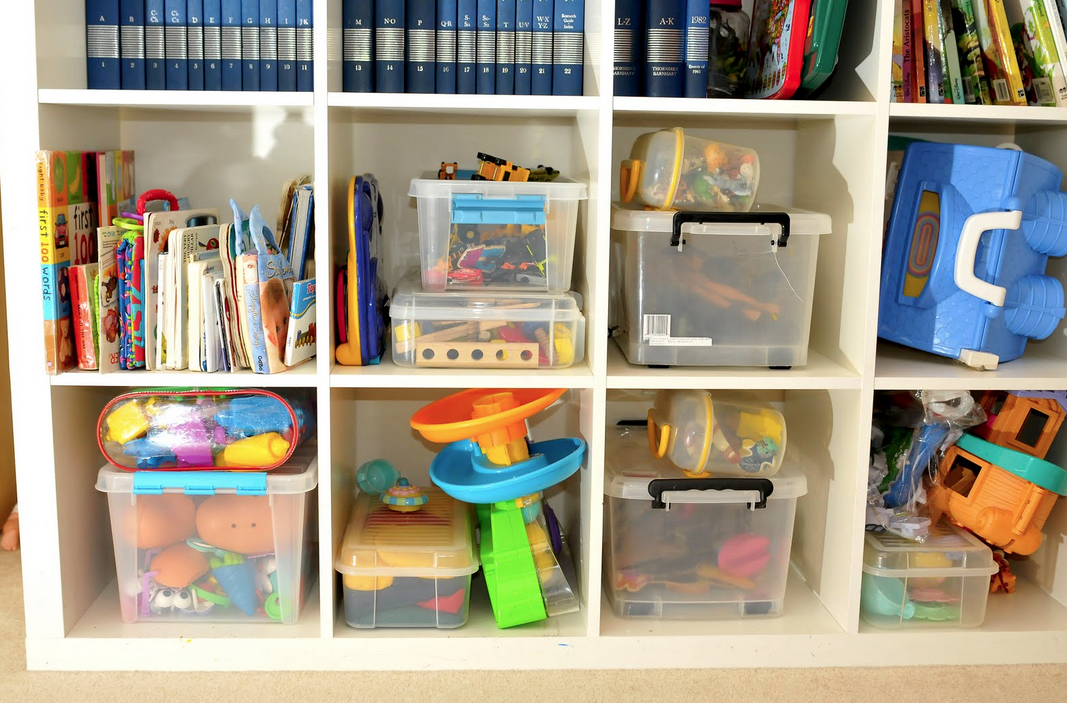 Clear storage bins are perfect for playroom storage