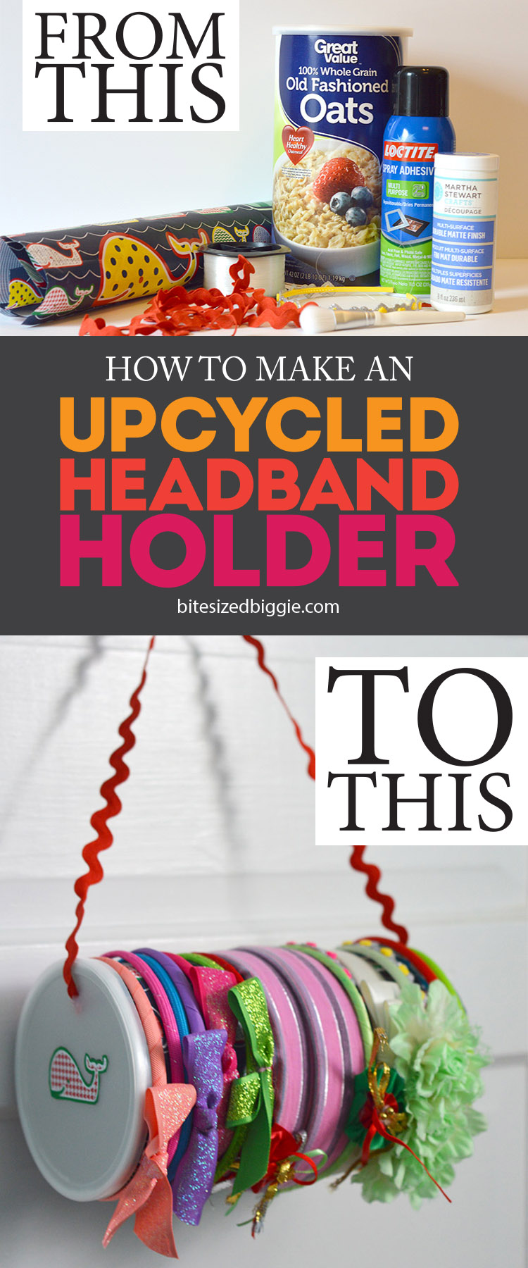 How to make an upcycled headband holder - this simple craft holds headbands on the outside and holds tons of smaller hair accessories inside!