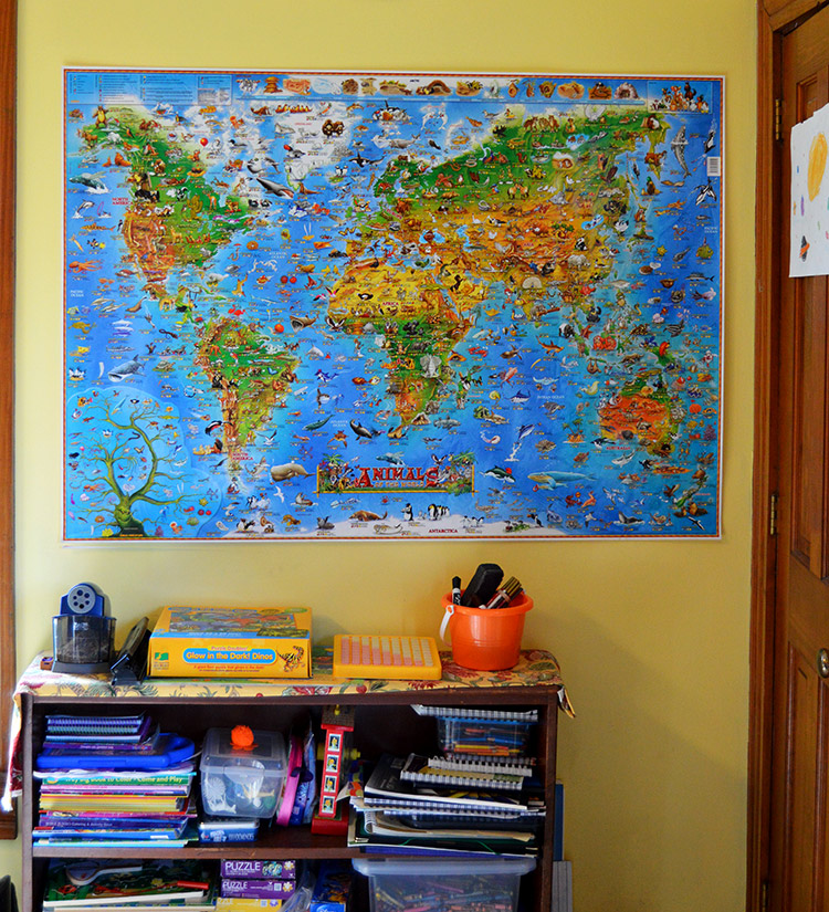 Kitchen table classroom - how we set up our home for learning that never stops - wall map