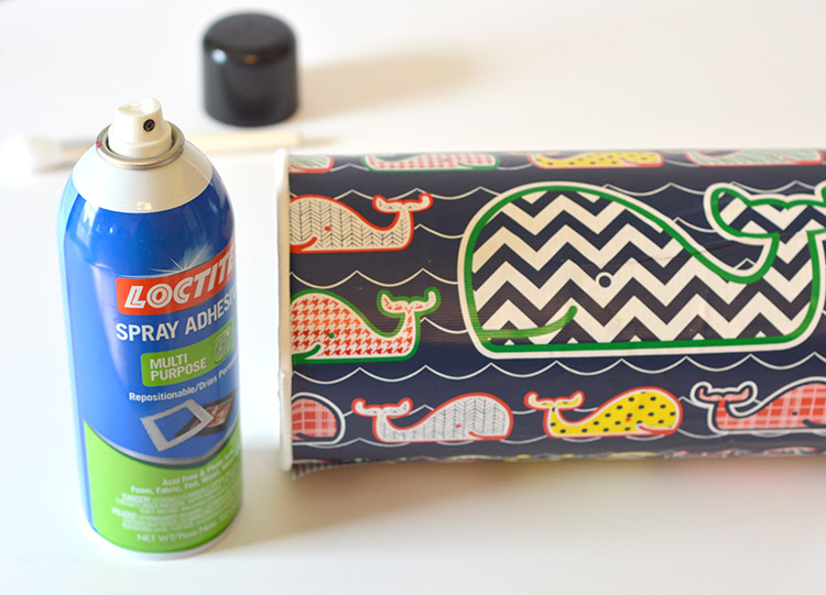 Upcycled Headband organizer tutorial - use spray adhesive to wrap your container smoothly
