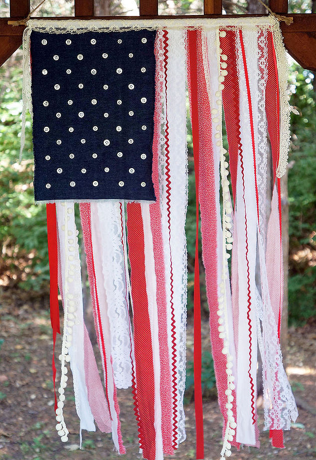 american flag with ribbon, lace and fabric scraps